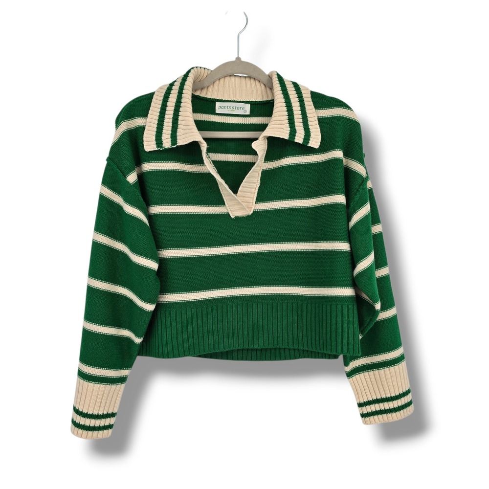 Pants Store Womens Green Striped Collared Knit Polo Sweater G6381 Size S